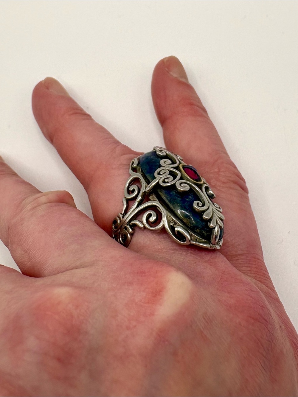 Lapis Lazuli Ornate Scrollwork Statement Ring Pink Cabochon Size 7